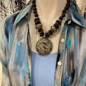 OOAK HANDMADE ZOWEE ART DRAGON FOSSIL LAVA ROCK SILVER TONE STATEMENT NECKLACE